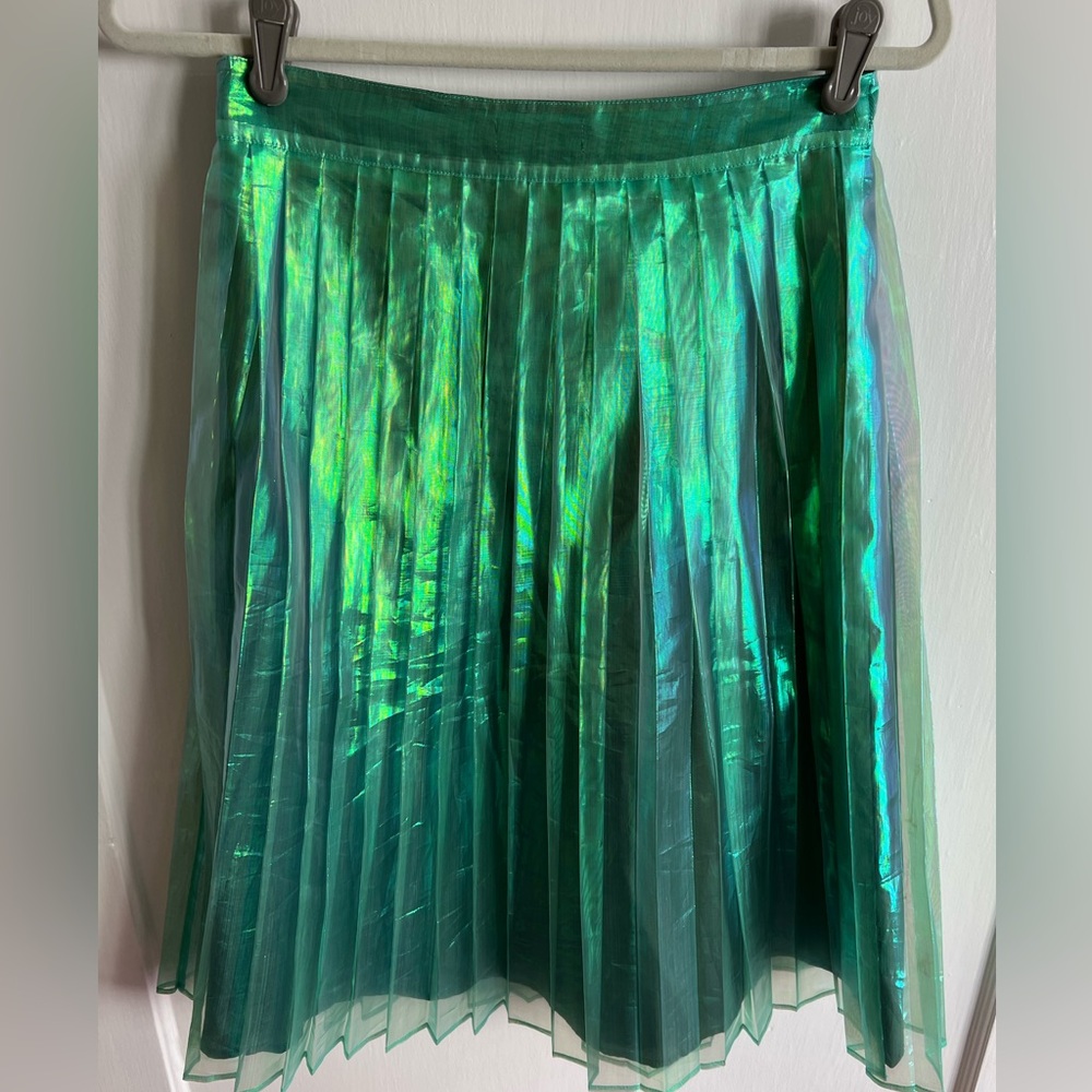 Metallic Green Mermaid A Line Midi Knife Pleat Skirt